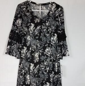 NY COLLECTION Womens DRESS Fit n Flare Black Coneflower Floral Size L New